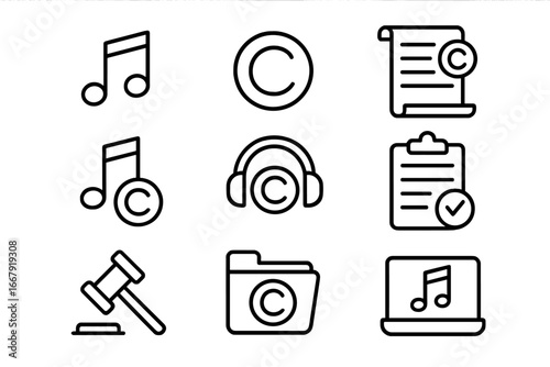 Music copyright line icon set. Legal rights, intellectual property, and licensing symbols. Includes gavel, patent document, and digital audio icons for royalty protection concepts.