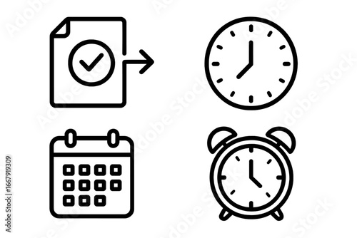 Time management outline icon set, schedule, clock, calendar, alarm, workflow checklist, deadline, event planning, meeting reminder, organizer outline, vector, transparent background