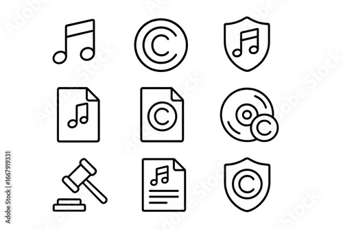 Music copyright law line icon set. Intellectual property, licensing, and legal protection vector symbols. Concepts of ownership, patents, royalties, and publishing rights.