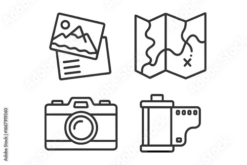 Nostalgic travel and photography outline icon set. Vector illustration of vintage road trip keepsakes including retro camera, old map, film roll, and vacation postcards.