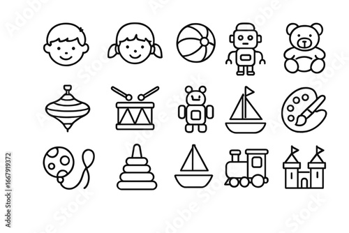 Toy and Childhood Line Icon Set. Playful Kids Games Outline Collection. Vector Cartoon Illustration of Boys, Girls, Toys, Teddy Bear, Robot, Ball, Boat, Drum, Castle, Train, Art Palette