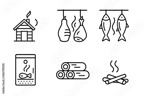 Smoking food and barbecue line icons set. Vector outline illustrations of a smokehouse cabin, hanging meat and fish, smoker oven, and firewood. Food preparation concept.