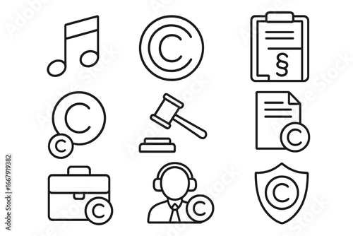 Music copyright line icon set. Intellectual property and author rights concept. Legal protection, licensing agreement, and patent law symbols. Vector outline pictogram collection.