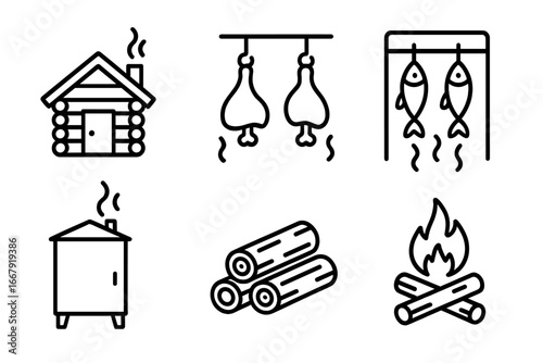 Smoking food icons set. Outline vector collection of smokehouse, smoker, hanging meat, fish, chicken, wood logs, and fire. Concept for barbecue, grilling, food preparation.