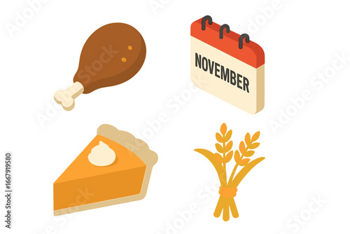 Thanksgiving dinner isometric icon set. November holiday symbols with turkey leg, pumpkin pie slice, calendar and wheat. Autumn harvest food vector illustration collection.