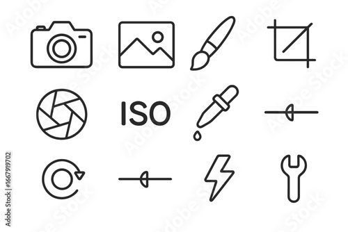 Photography & photo editing outline icon set. Camera, media tools collection. Vector graphic symbols for app interface, web design. Adjust, crop, ISO, flash, color picker.