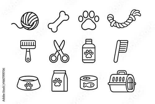 Pet care outline icon set. Vector collection of animal essentials: food, toys, grooming tools, and carrier. Line art for pet shop, veterinary clinic, animal care concepts.