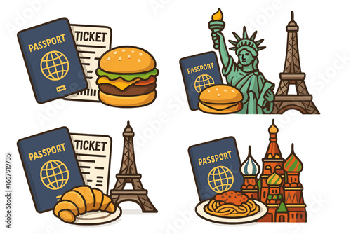 Passport, Airline Ticket, International Cuisine and Iconic Landmarks Vector Set. Cartoon Food Travel Concept. Burger, Croissant, Pasta, Landmarks Illustrations. Global Tourism, Culture, Adventure