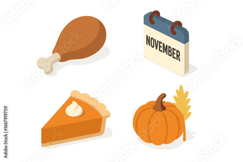 Thanksgiving food icon collection. Isometric vector set with turkey leg, pumpkin pie, November calendar, and harvest pumpkin. Autumn holiday symbols for seasonal design.