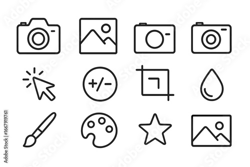 Photography and photo editing outline icon set. Vector media tools collection for user interface. Camera, crop, exposure, color palette, brush and gallery symbols.