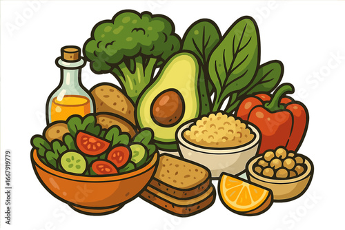 Healthy vegan food collection. Vector cartoon illustration of a balanced plant-based diet with fresh organic vegetables, salad, avocado, quinoa, bread and olive oil concept.