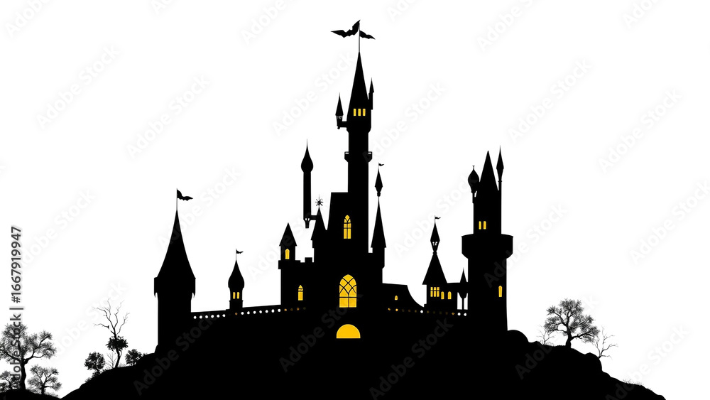 Naklejka premium Enchanted castle silhouette with glowing windows, magical fantasy design, whimsical clipart PNG with transparent background.