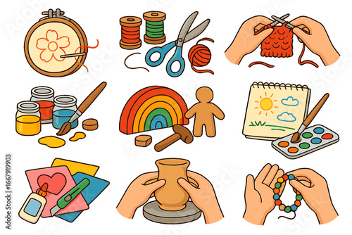 Arts and crafts hobby icon set. Creative handmade activities collection. Knitting, embroidery, pottery, painting, beading, drawing, DIY. Art class or workshop tools vector.