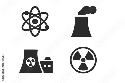 Nuclear energy icon set. Solid glyph pictograms of atomic power, cooling tower, reactor plant, and radiation hazard symbol. Vector for science, industry, and technology concepts.