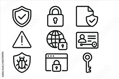 Security & data protection line icon set. Cybersecurity concepts for internet privacy, antivirus & network safety. Vector outline symbols of shield, lock, key, virus, ID card.
