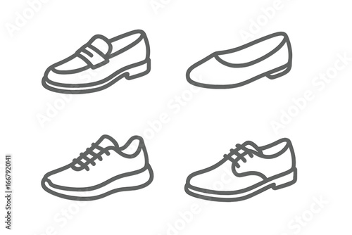 Shoe styles line icon set. Loafers, flats, sneakers, and oxford shoes. Footwear collection for men and women. Vector outline illustration for fashion or e-commerce.