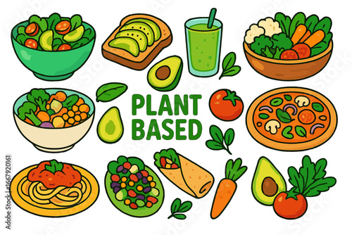 Plant based food set. Vegan meal collection with salad, pizza, pasta, avocado toast, wrap. Healthy vegetarian diet concept. Vector cartoon illustration of organic ingredients.