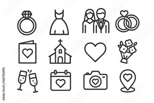 Wedding marriage outline icon set. Ceremony love romance symbols illustration. Elegant vector icons: engagement ring, wedding dress, marriage couple, church, bouquet, calendar, celebration, camera