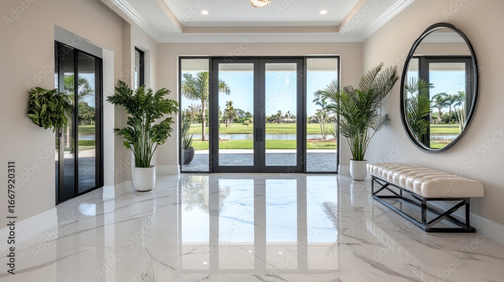 Fototapeta premium Spacious Modern Entryway with Marble Floors and Scenic Outdoor View