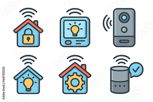 Smart home technology icon set. Home automation system with wireless control for security, energy, and convenience. IoT concept vector illustration. Smart house technology icons.
