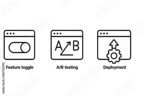 Software development line icon set. Feature toggle, A/B testing, deployment symbols. Agile and devops concepts for app release management. UI UX graphic elements vector.