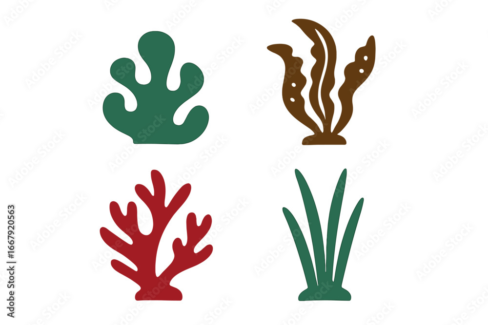 Marine plant icon set. Flat vector illustration collection of seaweed, algae, kelp, coral, and seagrass. Underwater ocean flora symbols for design. Aquatic nature elements. Marine plant icon set. Flat vector illustration collection of seaweed, algae, kelp, coral, and seagrass. Underwater ocean flora symbols for design. Aquatic nature elements.