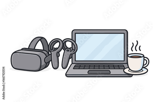 Virtual reality headset, controllers and laptop for remote work in the metaverse. Modern desk setup for gaming or business. Future technology and digital workspace concept vector.