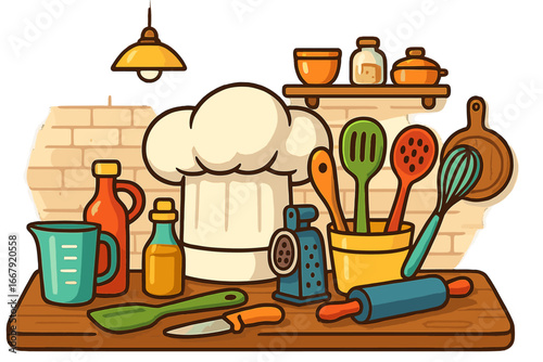 Kitchen utensils and chef hat vector cartoon illustration. Concept for culinary, gastronomy, cooking, food preparation, restaurant, recipe, kitchenware, cookery, and chef.