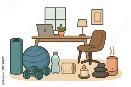 Work-life balance concept with home office and fitness equipment. Wellness, relaxation, and sport items for healthy lifestyle. Yoga mat, dumbbell, candle for mindfulness.