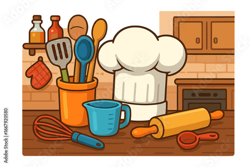 Vector illustration of kitchen utensils and baking tools. Cartoon cooking concept with chef hat, rolling pin, whisk. Culinary equipment for restaurant, home bakery, or food blog.
