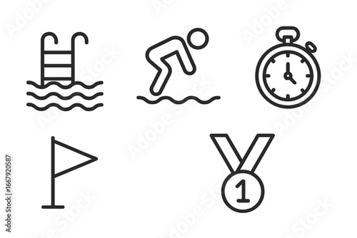 Swimming sport linear icon set. Pool ladder, diving start, stopwatch timer, race flag, and first place award medal. Water sports competition vector outline pictogram collection.