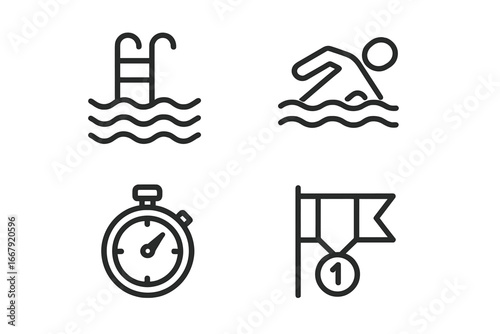 Swimming competition linear icon set. Water sport concept. Swimmer, pool, stopwatch timer, first place medal award. Vector symbols for victory, race, and athletics.
