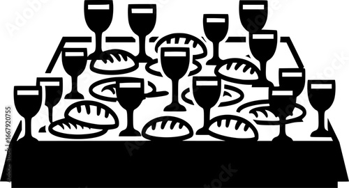 Renaissance banquet table with goblets and bread for historical themed design