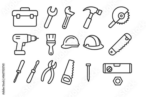 Workshop tools line icon set. Handy DIY equipment vector collection. Toolbox, hammer, saw, drill and construction hardware symbols for repair, building or renovation projects.