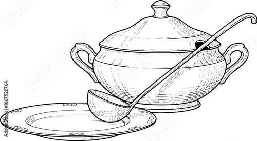 Vintage soup tureen and ladle with porcelain plate sketch for elegant dining design