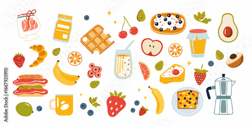 Healthy Breakfast Food Illustration with Fruits Pastries Coffee and Other Breakfast Items