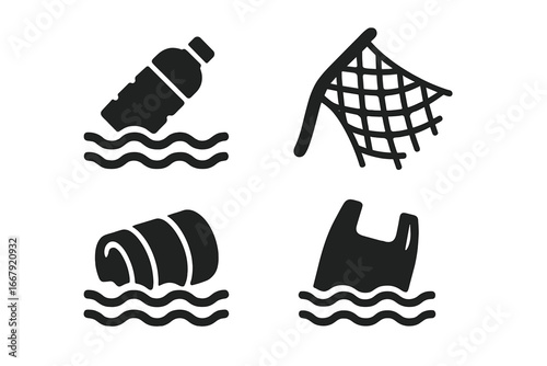 Water pollution vector icons. Plastic bottle, bag, fishing net, industrial barrel floating in sea. Marine debris, garbage dump, environmental disaster, ecology problem concept.