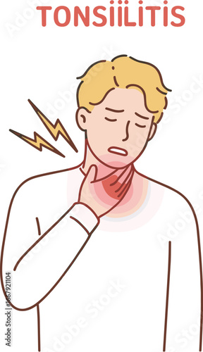 Illustration of blond person with tonsillitis, painful neck symptoms, inflammation, red area and yellow pain icons, medical concept design