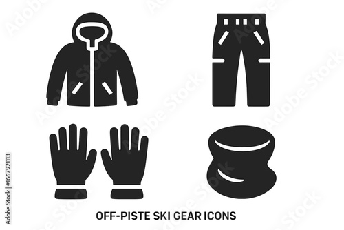 Off-piste ski gear solid glyph icons. Winter sports apparel vector icon set. Insulated jacket, ski pants, gloves, neck gaiter. Backcountry & freeride skiing equipment.