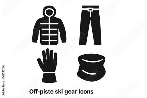Ski gear icon set. Winter sports apparel symbols. Off-piste, freeride and backcountry skiing equipment. Vector illustration of jacket, pants, gloves, and neck gaiter.