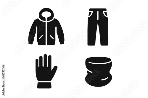 Winter sport gear glyph icon set. Off-piste ski and snowboard apparel symbols. Insulated jacket, pants, gloves, and neck gaiter. Freeride clothing vector pictogram.
