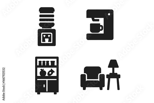 Office amenities icon set. Solid glyph icons of workplace environment perks. Water cooler, coffee machine, snack bar, and lounge area for break room. Corporate culture vector.