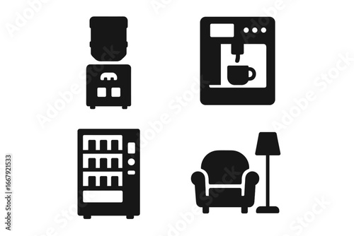 Office amenities vector icon set. Solid glyphs of work environment facilities. Water cooler, coffee machine, vending machine, and lounge area for employee relaxation and breaks.