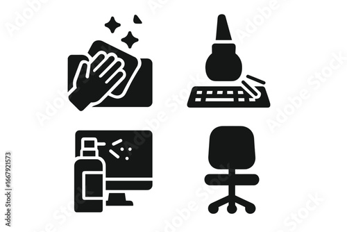 Office cleaning icons set. Solid glyph vector illustrations for workplace hygiene. Includes desk wipe, keyboard duster, monitor spray, and office chair sanitation concepts.