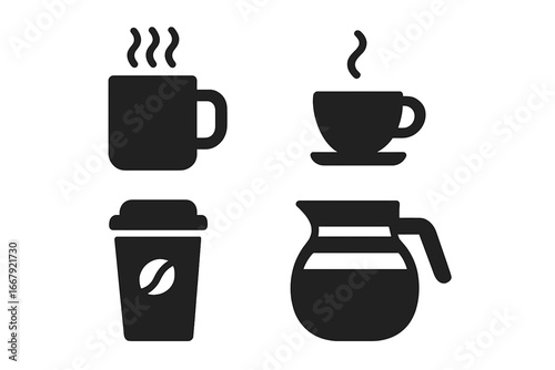 Coffee icons solid glyph set. Office coffee break symbols. Hot drink, mug, espresso cup, to-go paper cup, pot, carafe. Silhouette vector graphic for cafe menu or web.