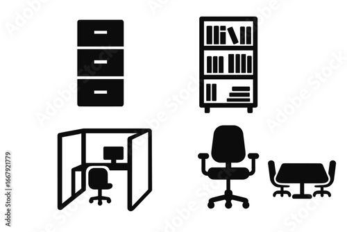 Office furniture icon set. Solid glyph pictograms for business and workplace concepts. Vector graphic elements of filing cabinet, bookshelf, cubicle, swivel chair, meeting table.