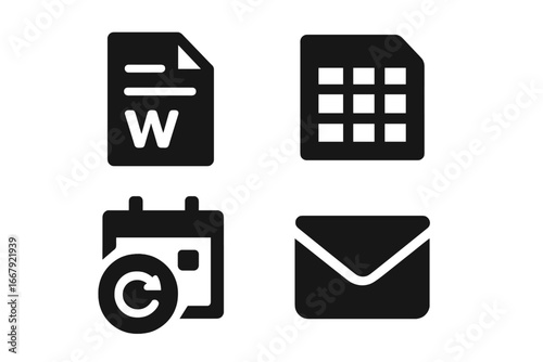 Solid glyph office icons set. Business software symbols collection. Word processor document, spreadsheet data table, calendar sync, and email client vector pictograms.