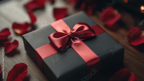 Black gift box with red satin ribbon bow surrounded by scattered red rose petals on wooden surface creating romantic and elegant atmosphere perfect gift with black box red ribbon bow and rose petals