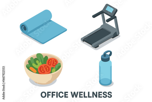 Office wellness program icon set. Isometric vector graphics of yoga mat, treadmill, healthy food, and water for corporate well-being. Employee health and fitness concept.