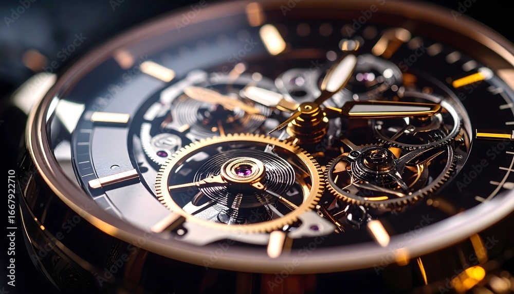 Fototapeta premium Luxury wristwatch close-up, sharp focus on metallic gears and reflections.